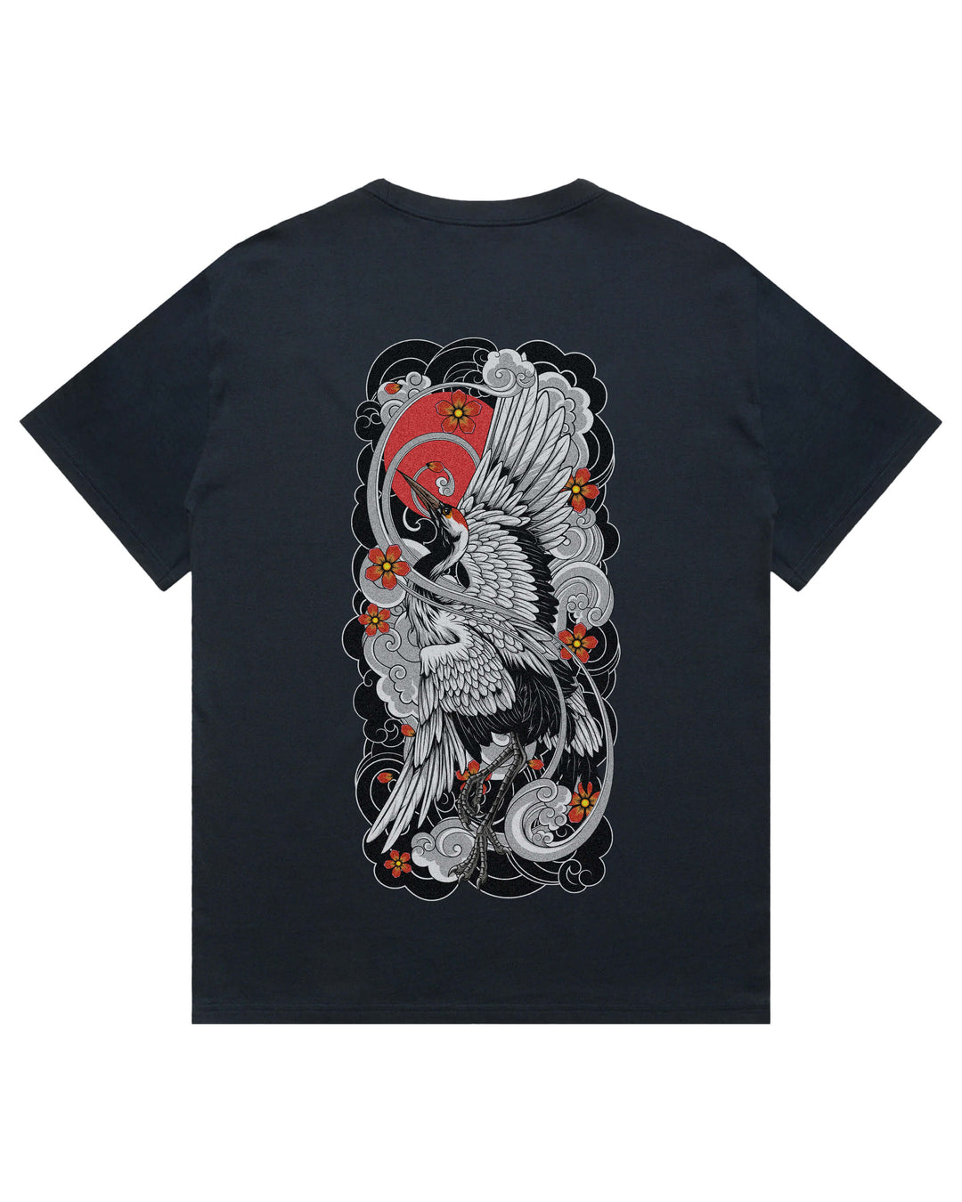Oversized navy t-shirt with irezumi inspired rising crane graphic print