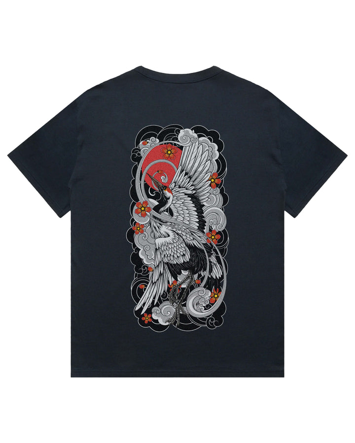 Oversized navy t-shirt with irezumi inspired rising crane graphic print