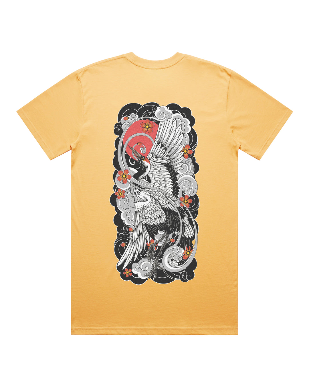 A yellow short-sleeve t-shirt with a large graphic print on the front featuring a Japanese-style crane illustration in black, white, gray, and red.