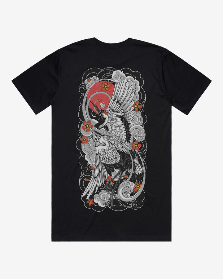 Irezumi Crane Relaxed Fit Graphic Tee With Large Japanese Tattoo Inspired Back Print