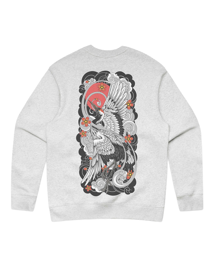 White heather graphic sweatshirt featuring original in-house crane artwork inspired by irezumi, Japanese tattoo composition and traditional illustration.