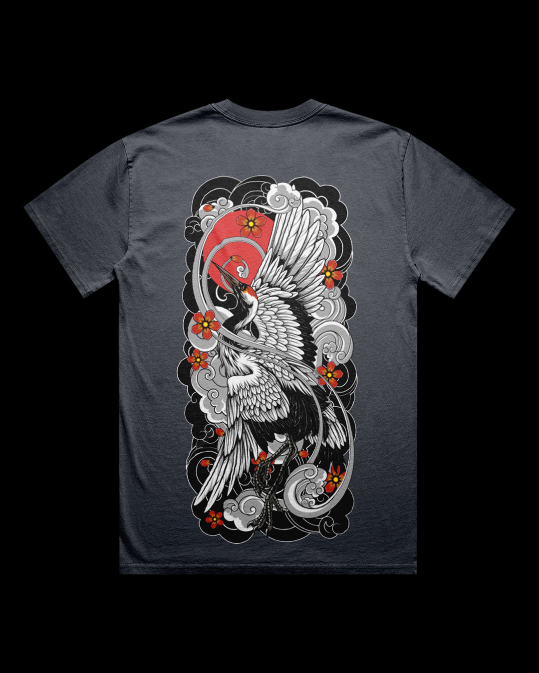 Faded T-shirt featuring Japanese Irezumi-style crane artwork