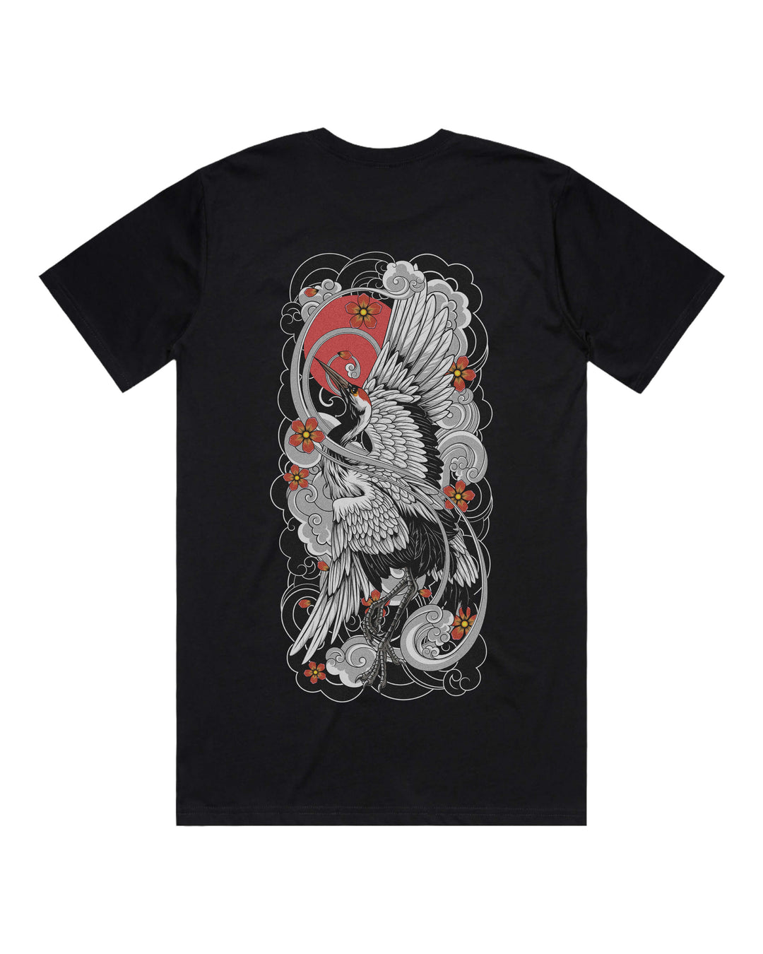 Black graphic t-shirt with large irezumi crane back print
