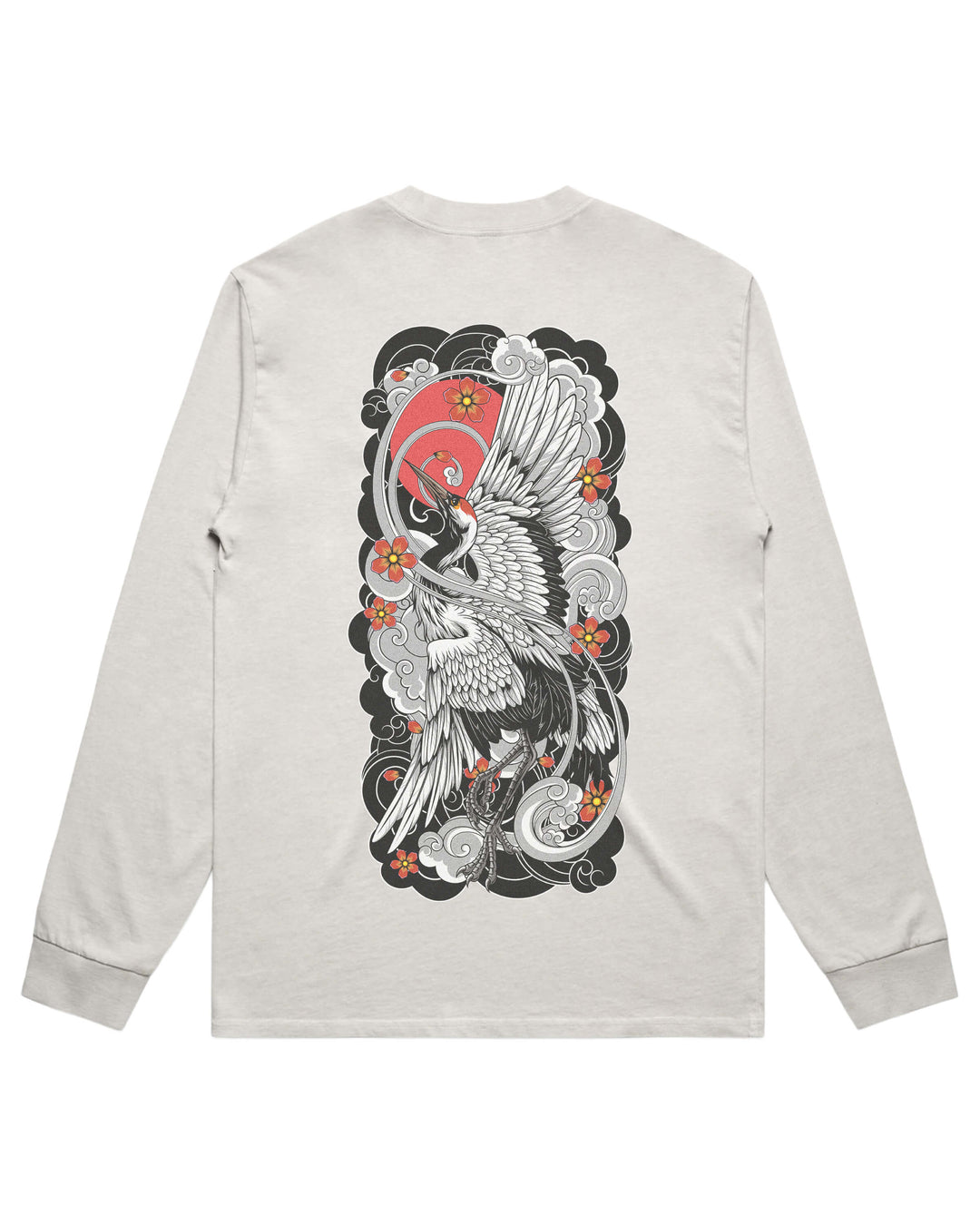 A light faded bone long-sleeve t-shirt shown from the back, featuring a large graphic print of a Japanese-style crane with a red sun and gray clouds.