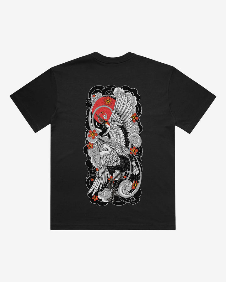 Irezumi Crane Japanese tattoo-inspired graphic back print on a black 240 GSM heavyweight boxy T-shirt