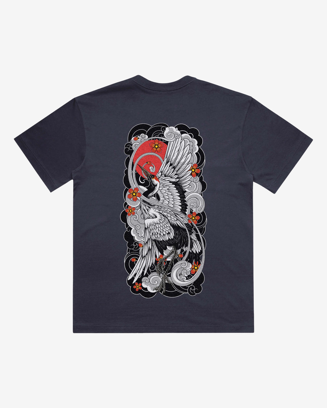 Irezumi Crane Japanese tattoo-inspired graphic back print on a ink blue 240 GSM heavyweight boxy T-shirt
