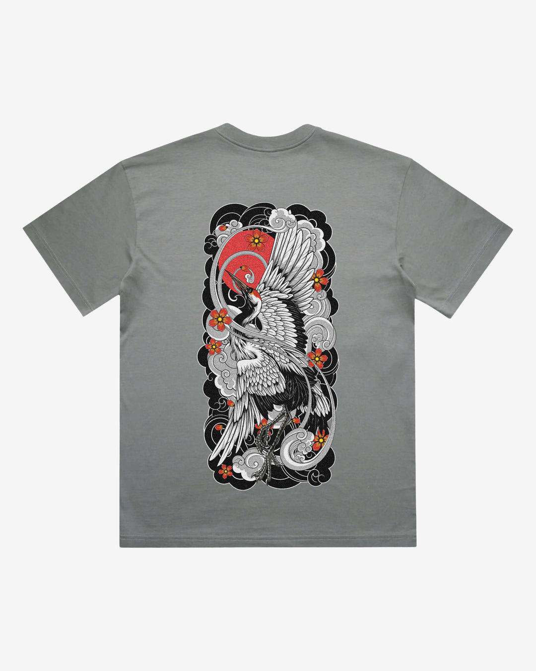 Irezumi Crane Japanese tattoo-inspired graphic back print on a shadow 240 GSM heavyweight boxy T-shirt