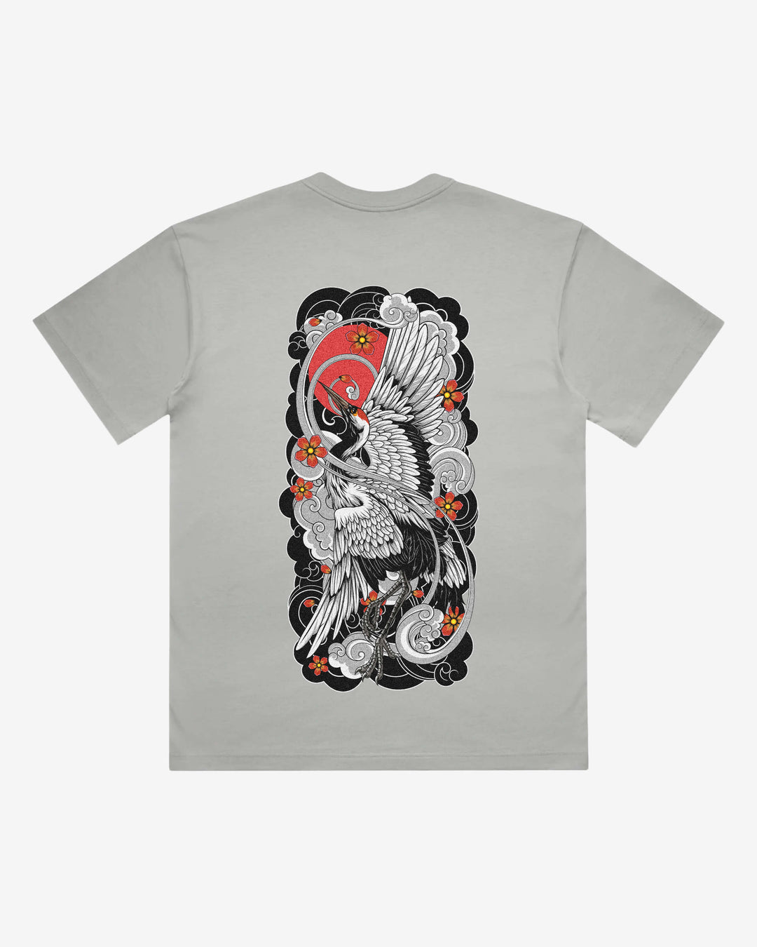 Irezumi Crane Japanese tattoo-inspired graphic back print on a storm 240 GSM heavyweight boxy T-shirt