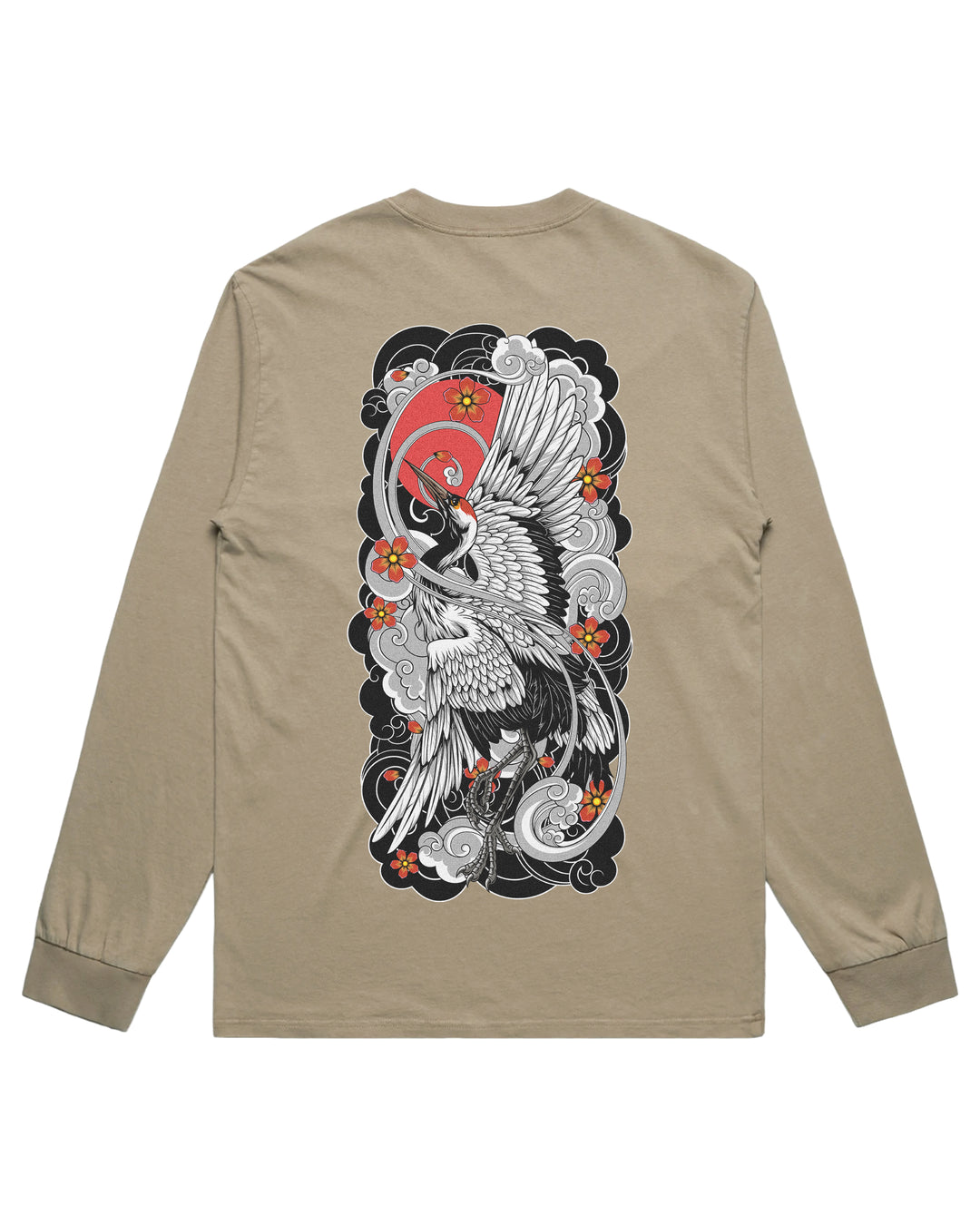 Faded khaki long-sleeve t-shirt with a large graphic print on the back featuring a detailed black and white crane design with a red sun and orange flowers.
