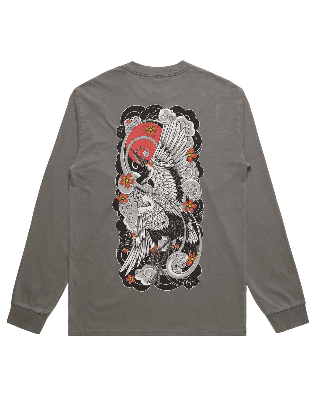 A long-sleeve crewneck t-shirt in dark gray, featuring a large graphic print on the back with a detailed black and white crane design, a red sun, and small orange floral accents.