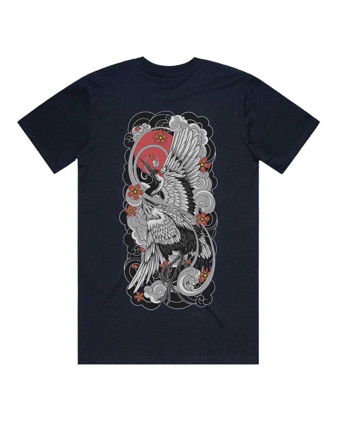 Navy graphic t-shirt with large irezumi crane back print