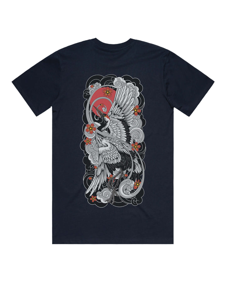 Navy graphic t-shirt with large irezumi crane back print