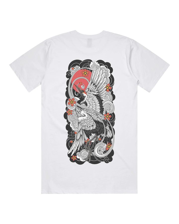 White graphic t-shirt with large irezumi crane back print