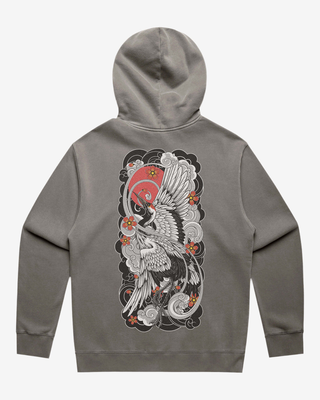 Faded tattoo hoodie with a large crane back print, 320GSM relaxed fit and washed finish.