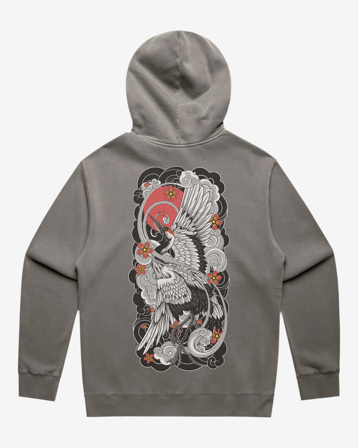 Faded tattoo hoodie with a large crane back print, 320GSM relaxed fit and washed finish.