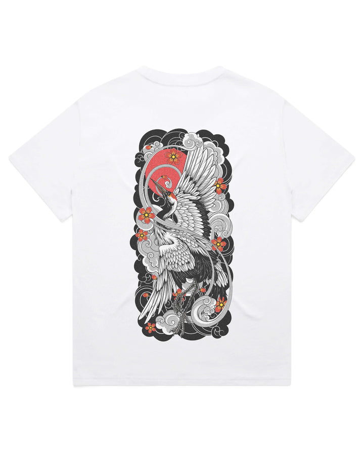 Oversized white t-shirt with irezumi inspired rising crane graphic print