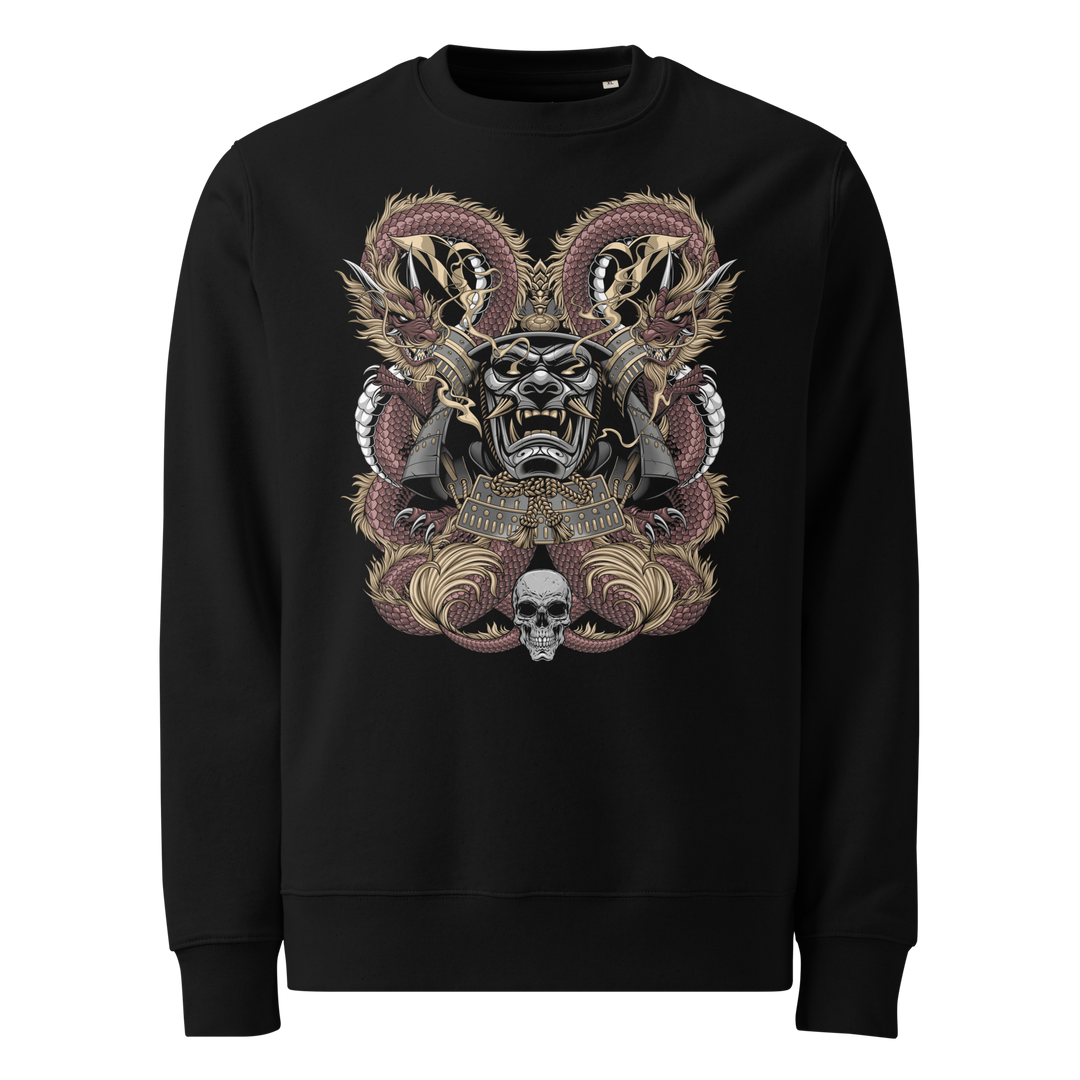 Black sweatshirt featuring two crimson dragons wrapped around a samurai mask with intricate details and skull motifs for a striking, artistic design.