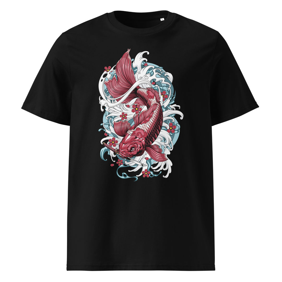 A black t-shirt with a crimson red koi fish design, surrounded by waves and floral details, inspired by traditional Irezumi tattoo art.