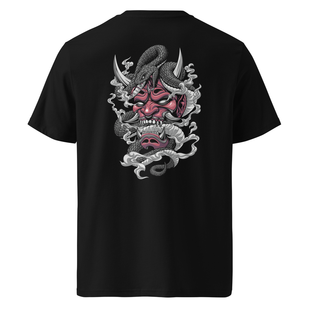 A black t-shirt with a detailed back print of a red Oni mask entwined with a coiled snake and surrounded by swirling smoke in a Japanese-inspired design.