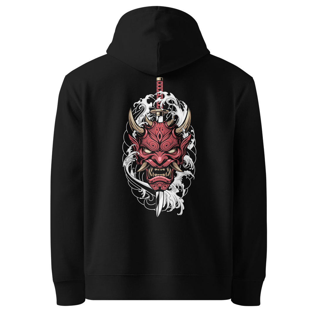 Crimson Oni Mask Hoodie – Large back print featuring a deep red oni mask with swirling white smoke and a katana hilt, set against a black hoodie.