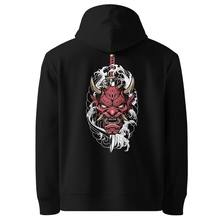 Crimson Oni Mask Hoodie – Large back print featuring a deep red oni mask with swirling white smoke and a katana hilt, set against a black hoodie.