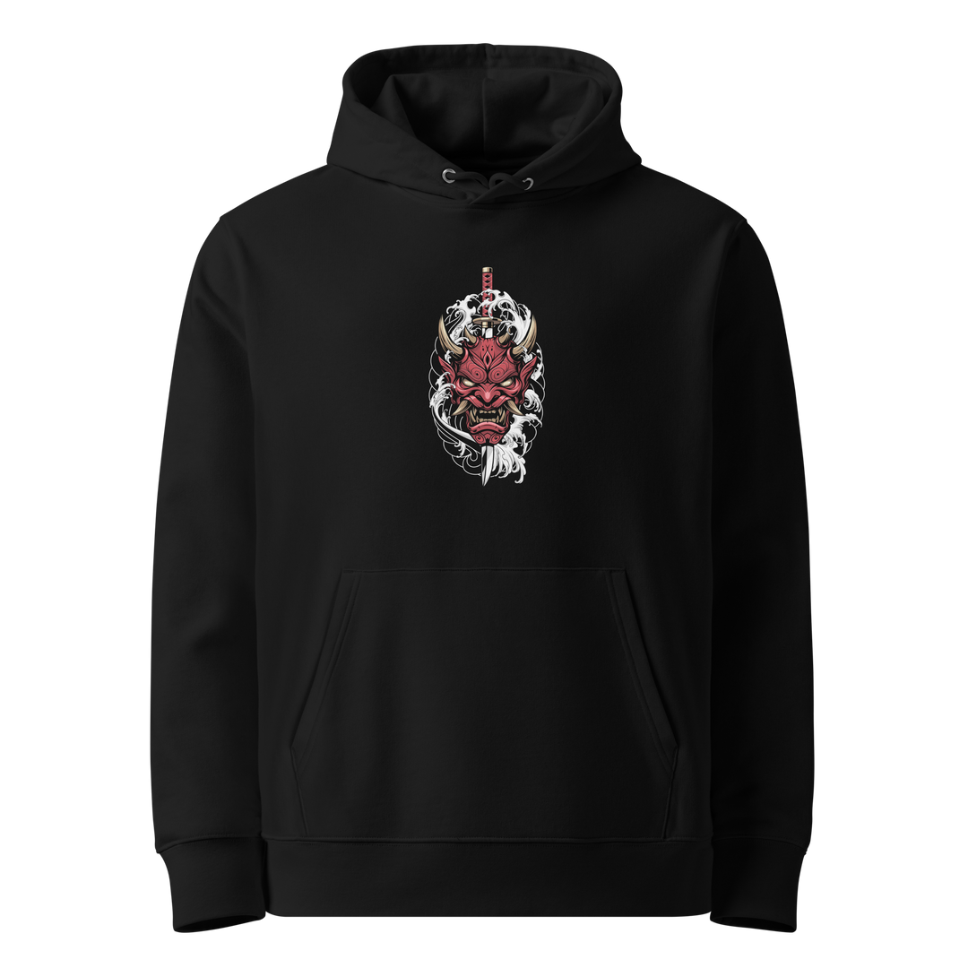 Crimson Oni Mask Hoodie – Front center print featuring a red samurai-inspired oni mask with swirling smoke on a black hoodie.