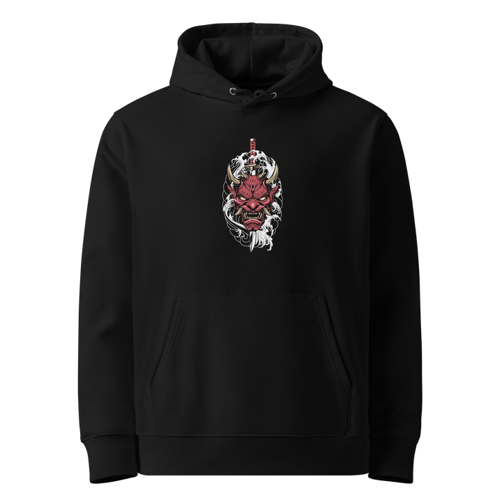 Crimson Oni Mask Hoodie – Front center print featuring a red samurai-inspired oni mask with swirling smoke on a black hoodie.