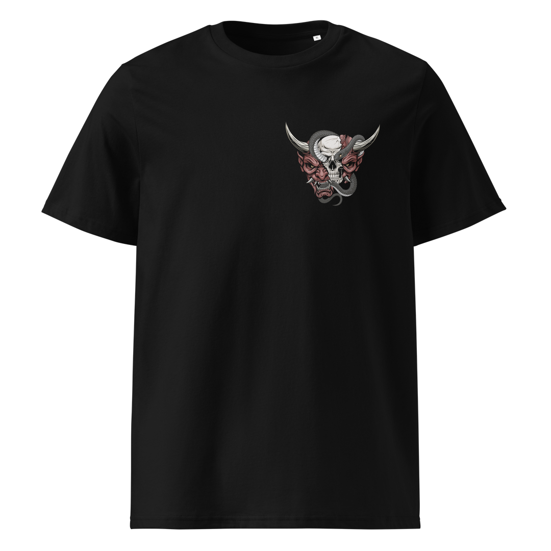 Crimson Oni Mask left chest design on a black t-shirt, featuring a split mask revealing a skull and a coiled snake, inspired by Japanese tattoo art.