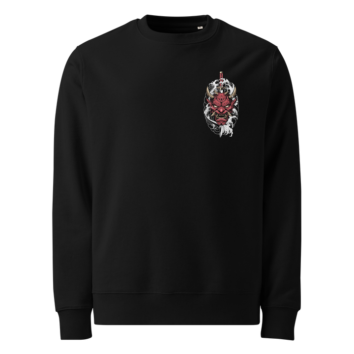 Crimson Oni Mask Sweatshirt – Left chest print featuring a red Oni mask with katana and Japanese Irezumi waves on a black sweatshirt.