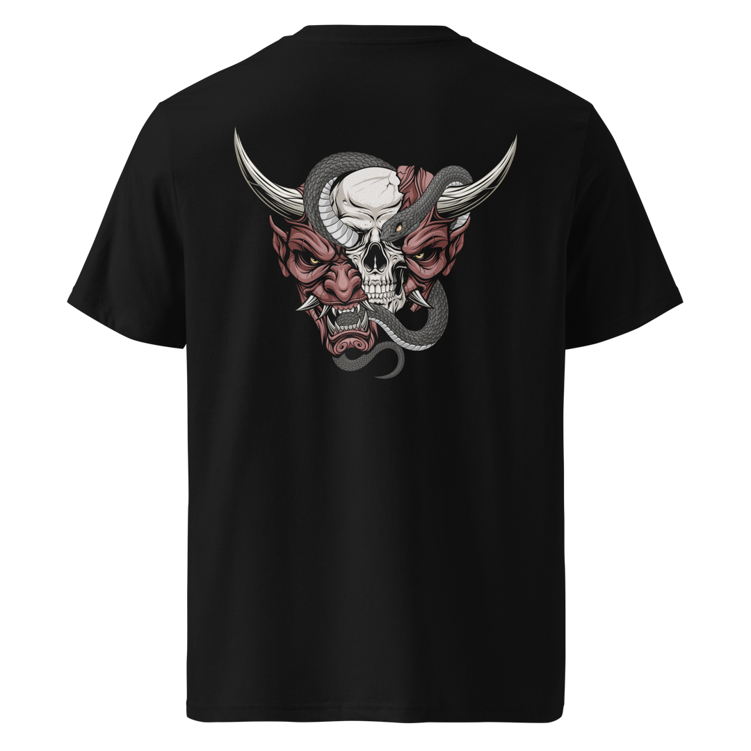 Crimson Oni Mask design on the back of a black t-shirt, featuring a split mask revealing a skull and a coiled snake entwined with both elements, inspired by Japanese tattoo art.