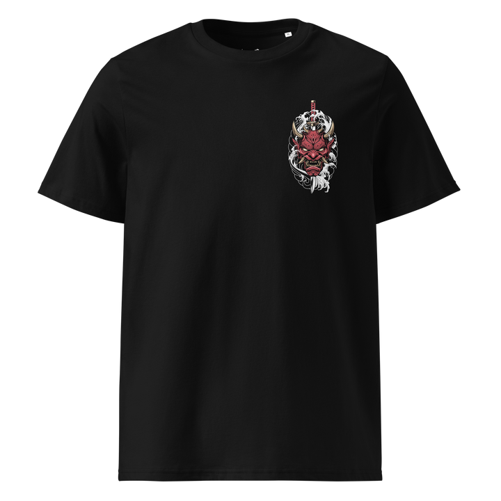 Crimson Oni Mask Tee – Japanese Irezumi-inspired red demon mask with katana and wave patterns on a black t-shirt.