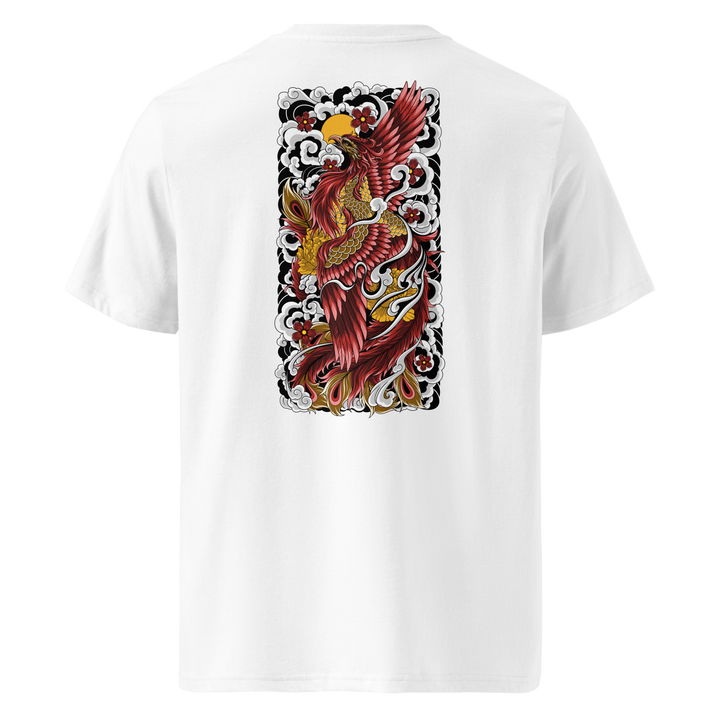 A white t-shirt featuring a detailed back print of a crimson and gold phoenix surrounded by waves, cherry blossoms, and a radiant sun, inspired by traditional Japanese tattoo art.