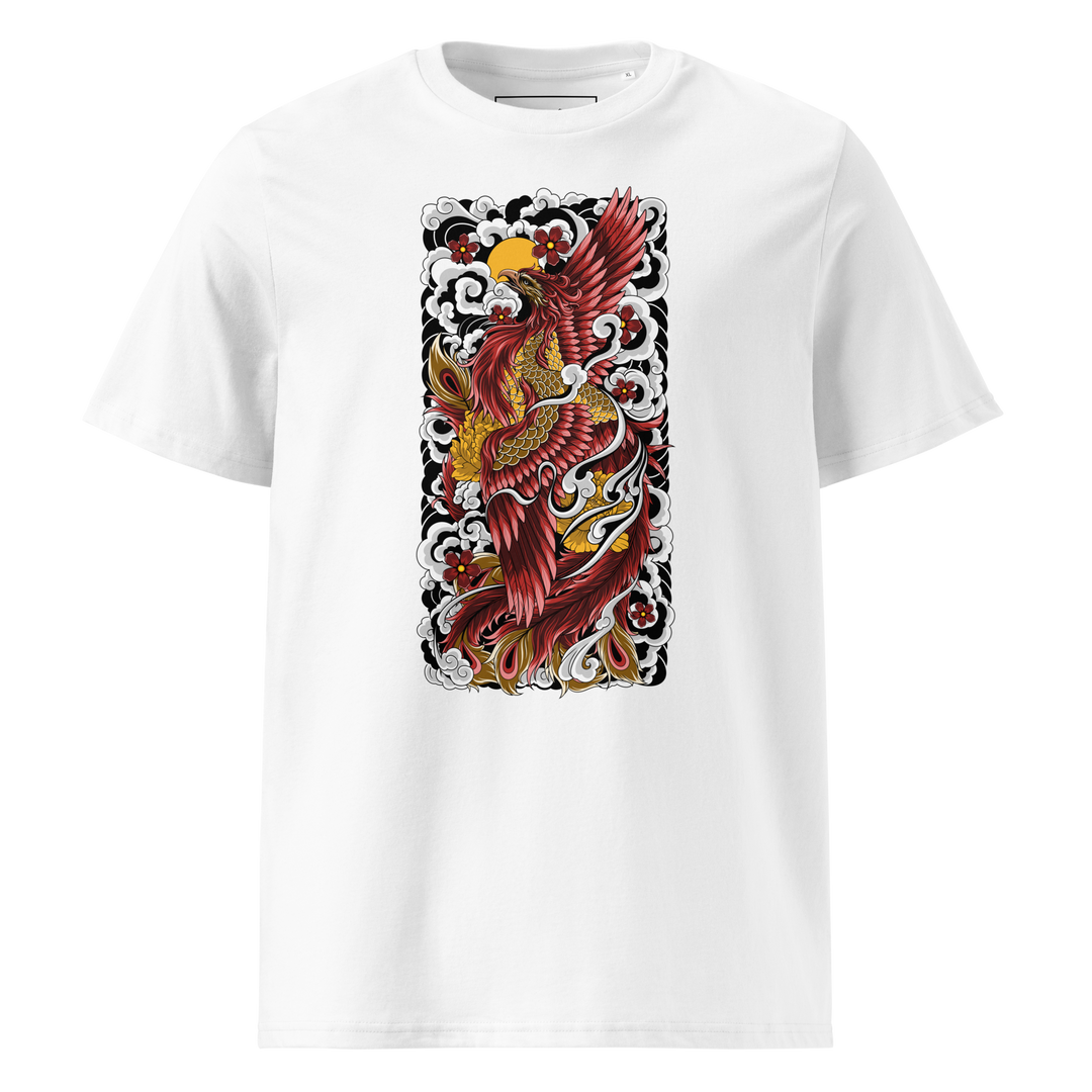 Crimson Phoenix front print on a white t-shirt, featuring intricate Asian tattoo-inspired details with clouds, cherry blossoms, and vibrant red tones.