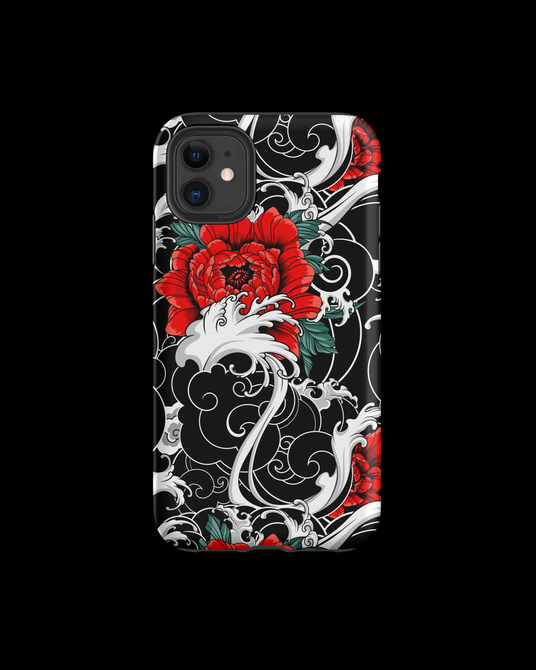iPhone case with red floral and white irezumi tattoo inspired pattern design on a black background