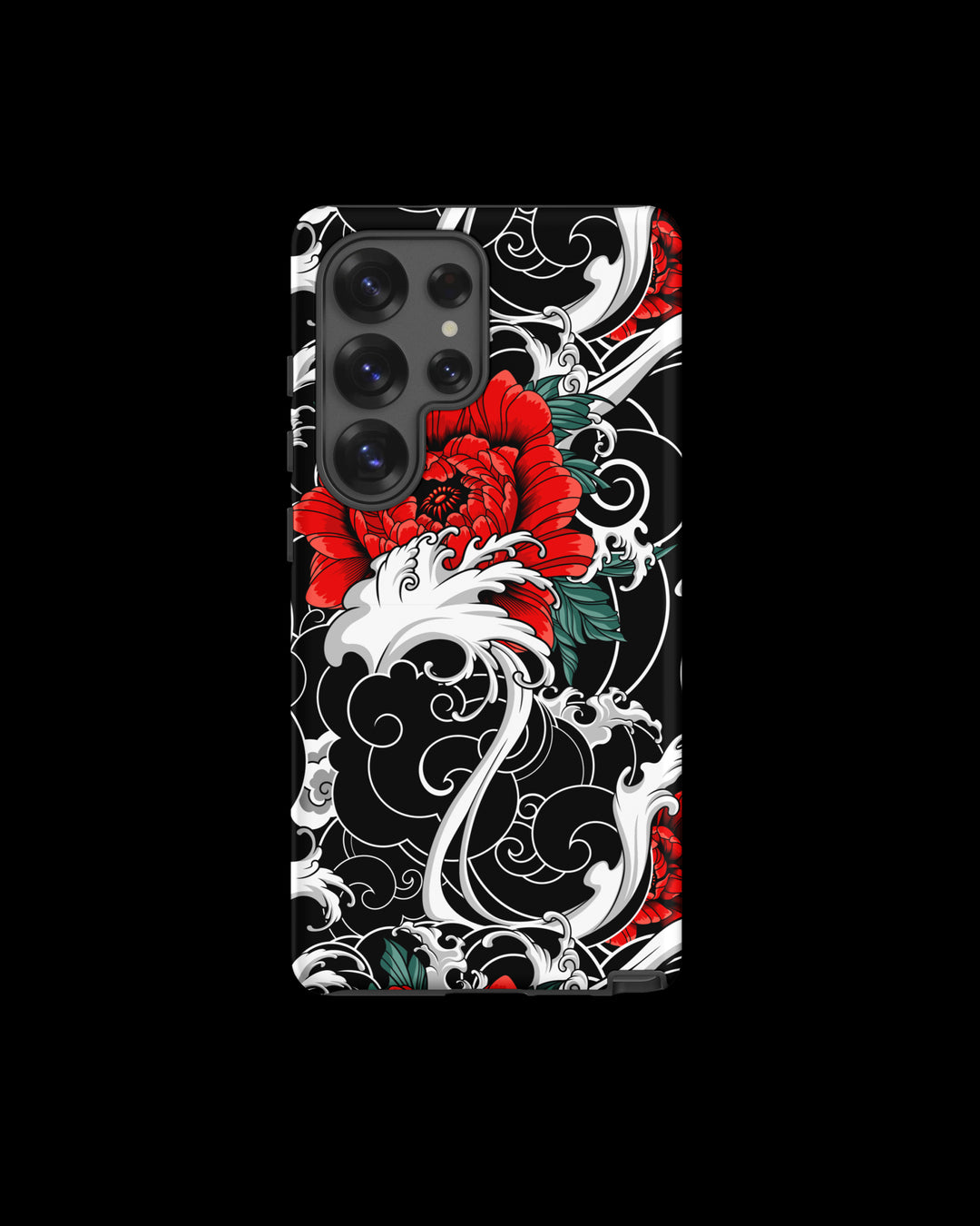 Phone case with red floral irezumi tattoo inspired design and white patterns on a black background