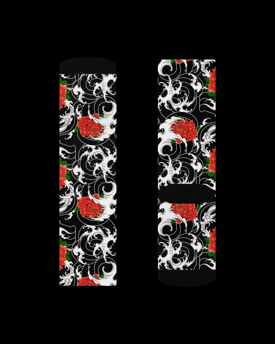Socks with floral and abstract design on a black background