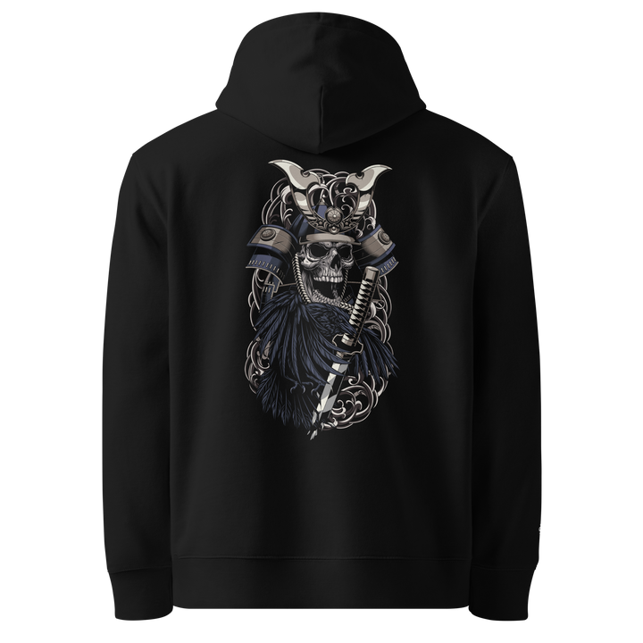 Crows of War Graphic Hoodie in Black with a samurai skull and Irezumi-inspired design.