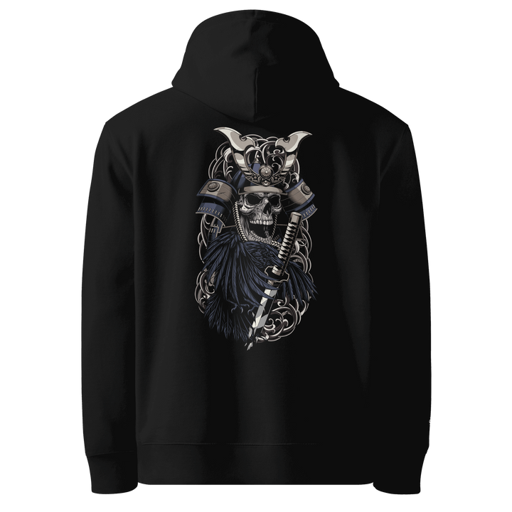 Crows of War Graphic Hoodie in Black with a samurai skull and Irezumi-inspired design.