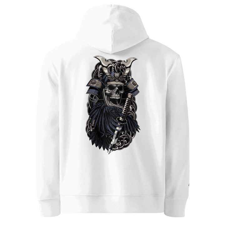 Crows of War Graphic Hoodie in White with a samurai skull and Irezumi-inspired design.