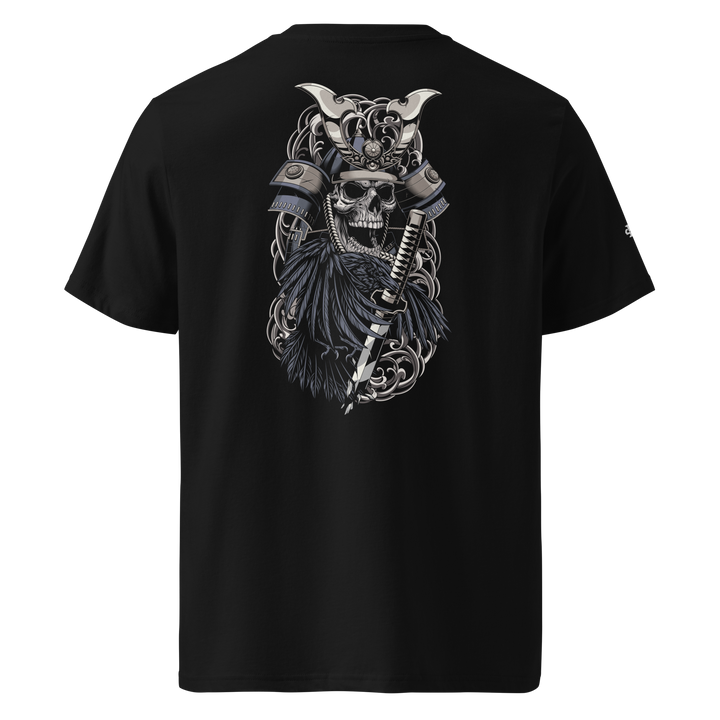 Black Crows of War Samurai Skull Graphic Tee featuring a back print of a skull with a samurai helmet, crow, and broken sword, inspired by Japanese Irezumi art