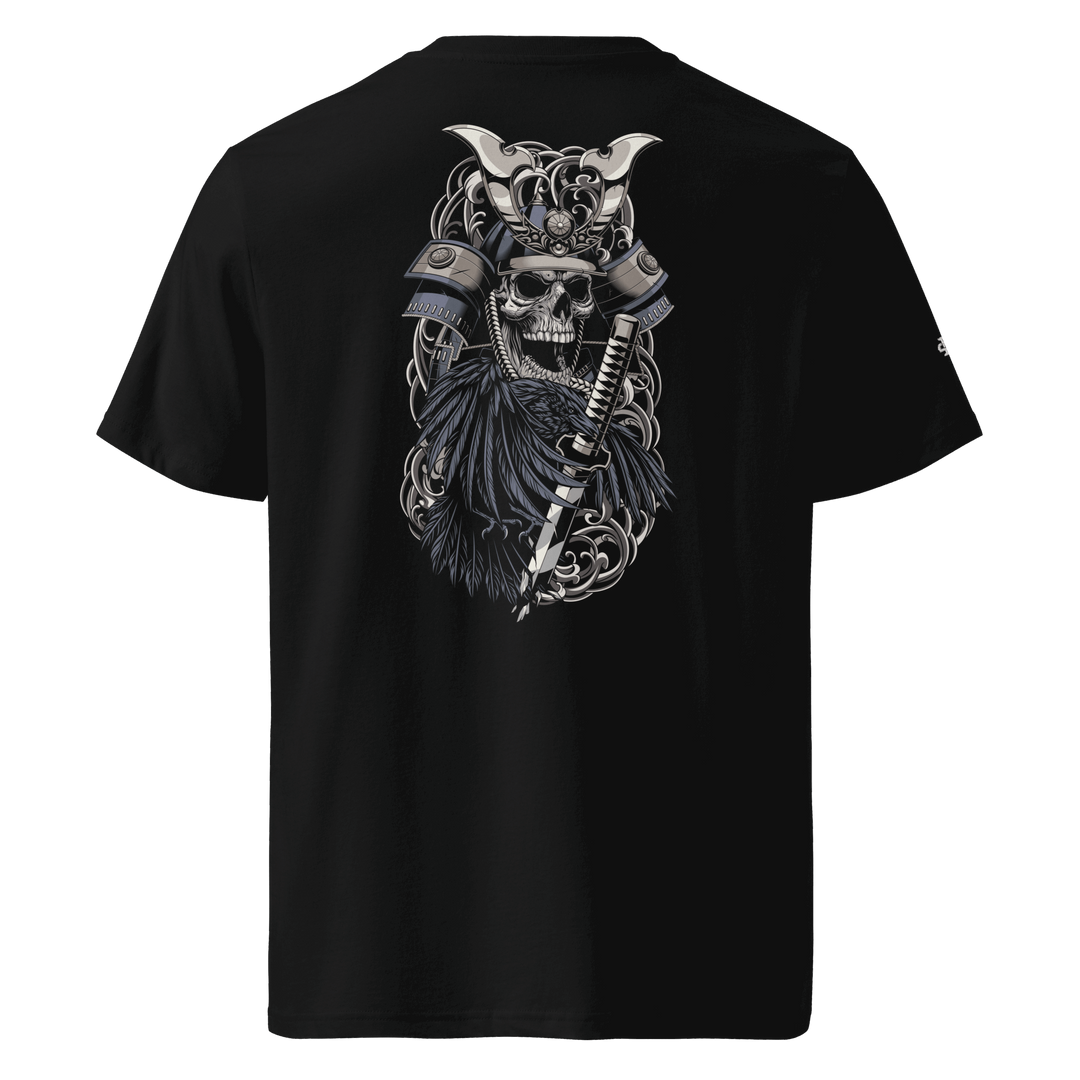 Black Crows of War Samurai Skull Graphic Tee featuring a back print of a skull with a samurai helmet, crow, and broken sword, inspired by Japanese Irezumi art