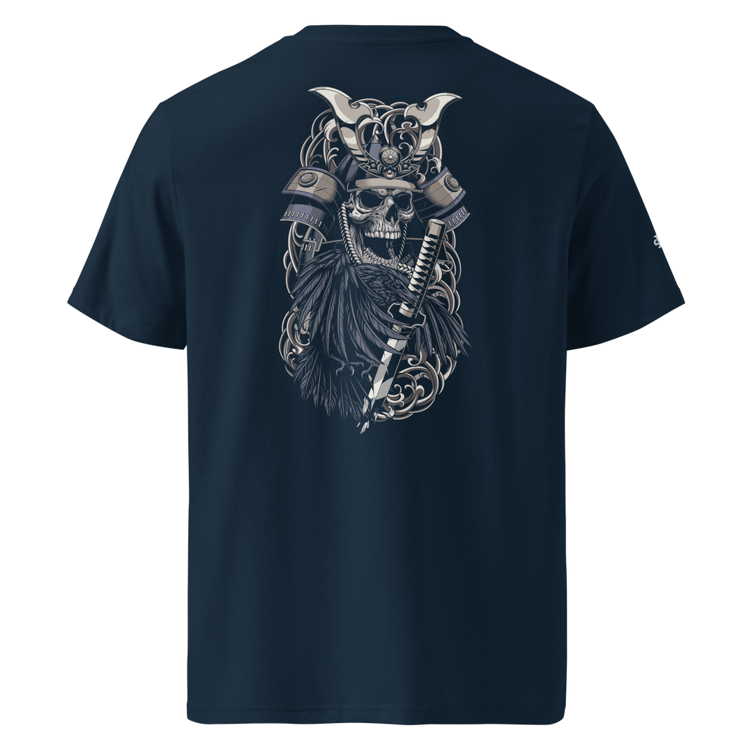 French Navy Crows of War Samurai Skull Graphic Tee featuring a back print of a samurai skull, crow, and broken sword, inspired by Japanese tattoo art