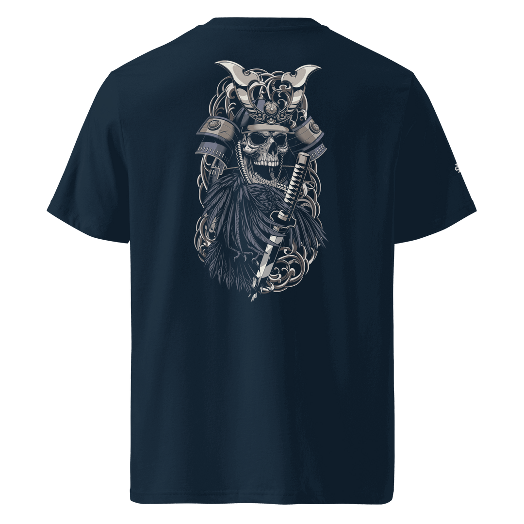 French Navy Crows of War Samurai Skull Graphic Tee featuring a back print of a samurai skull, crow, and broken sword, inspired by Japanese tattoo art