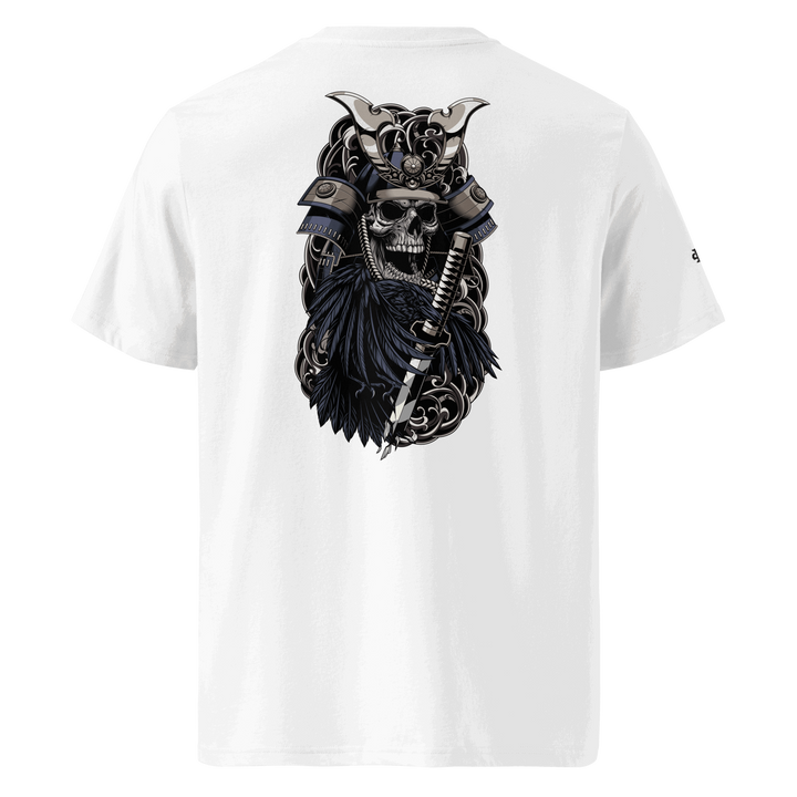 White Crows of War Samurai Skull Graphic Tee with a back print of a samurai skull, crow, and broken sword, blending Japanese tattoo art with streetwear