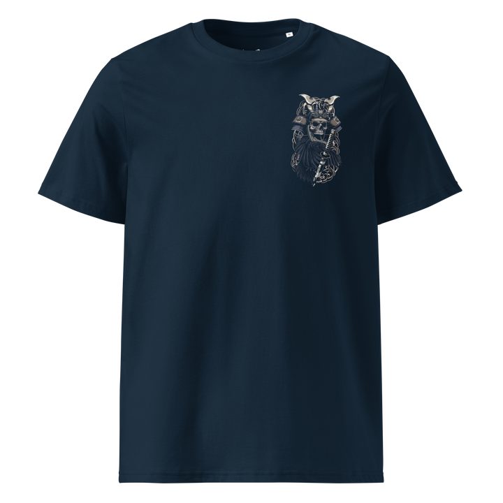 French Navy Crows of War Samurai Skull Graphic Tee featuring a left chest print of a samurai skull and crow, inspired by Japanese tattoo art