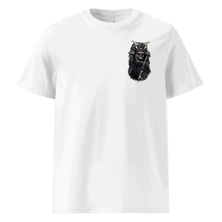 White Crows of War Samurai Skull Graphic Tee featuring a left chest print of a samurai skull with a crow, blending Japanese tattoo art with streetwear style