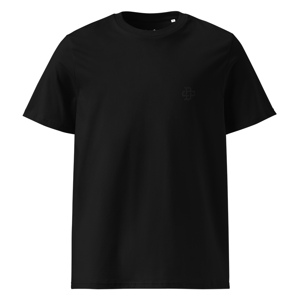 Black t-shirt with black dsign crtel logo monogram embroidered on the left chest front view, made from 100% organic ring-spun cotton, regular fit with ribbed collar and double-needle stitching for added durability.