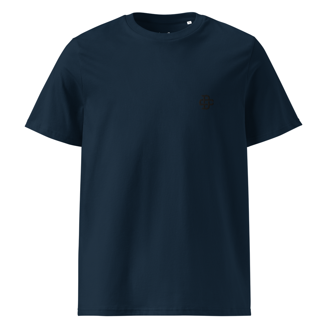 French Navy t-shirt with black dsign crtel logo monogram embroidered on the left chest front view, made from 100% organic ring-spun cotton, regular fit with ribbed collar and double-needle stitching for added durability.