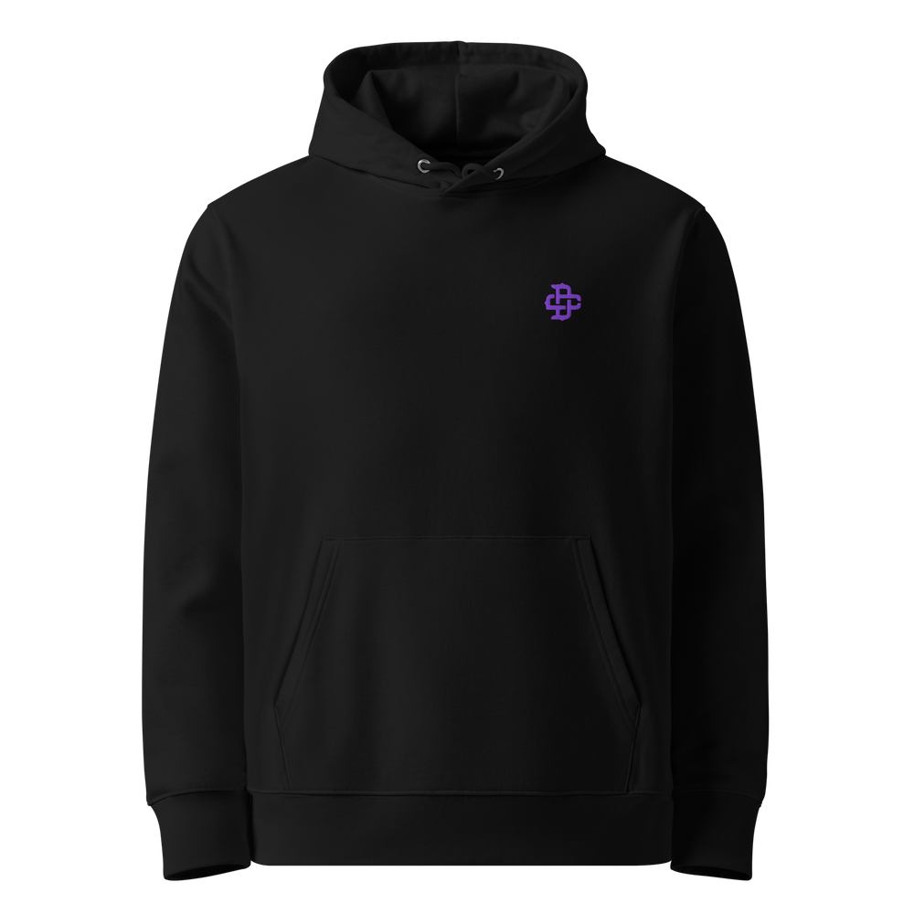 Product mockup of the front of the hoodie with the dc monogram embroidered on the left chest