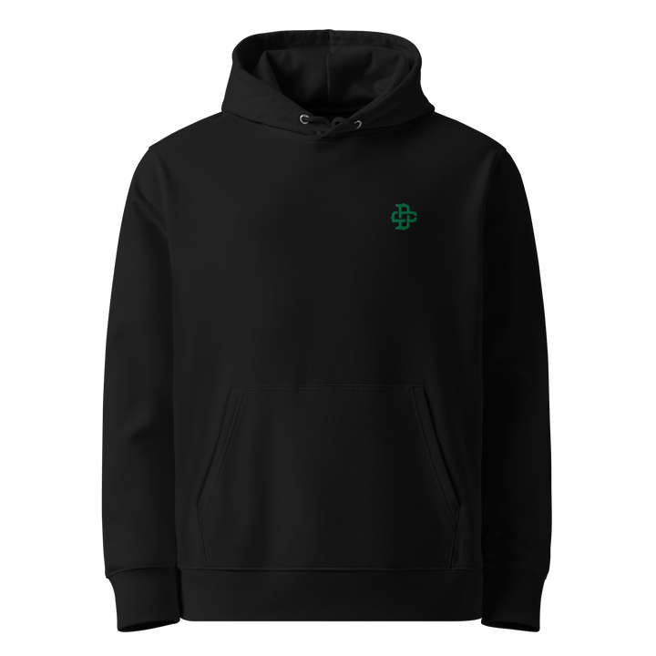 Product mockup of the front of a black hoodie with the dc logo embroidered on the left chest in Jade green.